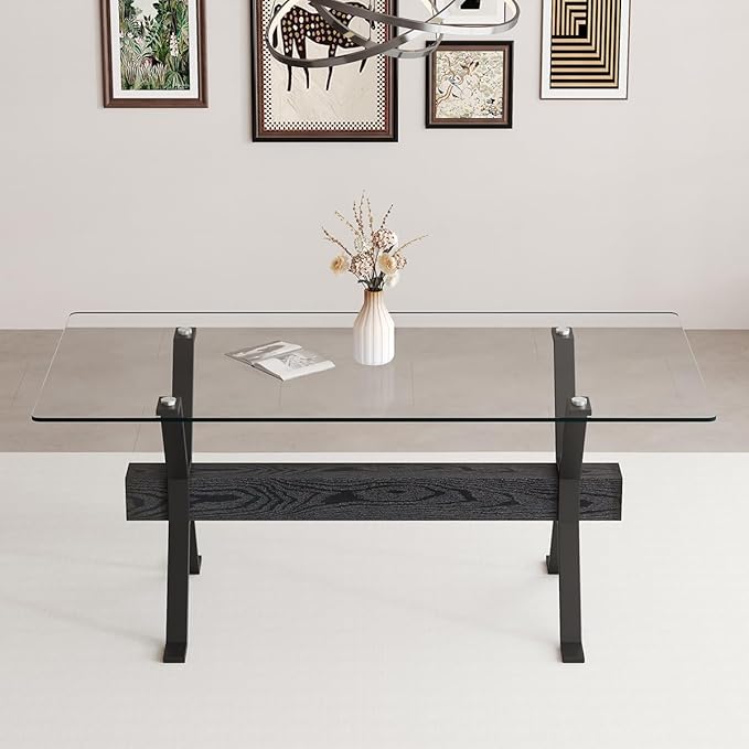 Glass Dining Table 71"｜Modern Dining Table for 6｜0.4" Thick Tempered Glass Top｜Matte Black Metal Legs｜Black Crossbar｜Easy Assembly｜Perfect for Dining Room or Kitchen