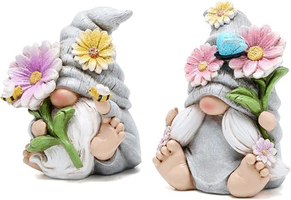 Hodao Set of 2 Spring Gnome Decorations Flower Gnomes Ornaments Decor Summer Outdoor Figurines Spring Elves for Porch, Garden Yard, Flower Bed Garden Gifts for Women, Mom (Grey)