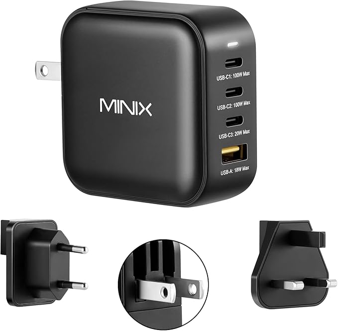 MINIX NEO P3 100W Turbo 4-Port GaN Wall Charger, 3 x USB C port Fast Charging Power Adapter(Max 100W/20W), 1 USB-A (Max 18W). Compatible with MacBook Pro Air, iPad Pro, iPhone 17/16 Pro Max,Galaxy S23