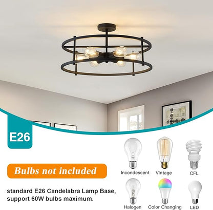 Large Semi Flush Mount Ceiling Light Fixture Black Cage Ceiling Light 6 Light Chandelier for Kitchen Dining Room Entryway Living Room Bedroom Foyer
