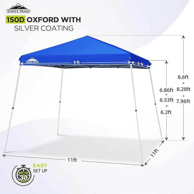 EAGLE PEAK 11x11 Slant Leg Pop-up Canopy Tent Easy One Person Setup Instant Outdoor Beach Canopy Folding Portable Sports Shelter 11' x 11' Base 9' x 9' Top (Blue)