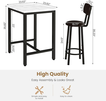 DKLGG Dining Table Set for 2, 24" Square Kitchen Table and Chairs Set with MDF Tabletop & 2 PU Leather Chairs, Bar Pub Dining Set for Small Space Bar Kitchen Living Room Apartment, White