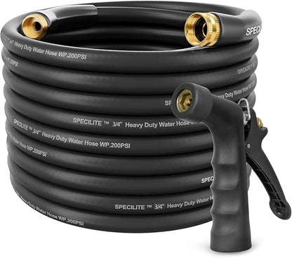 SPECILITE 3/4" Hot/Cold Garden Hose 100 ft with Industrial High Pressure Nozzle, Flexible & Lightweight, 600psi Burst Rubber Water hose -50℉-158℉ With 3/4" Brass Fittings for Yard, Black