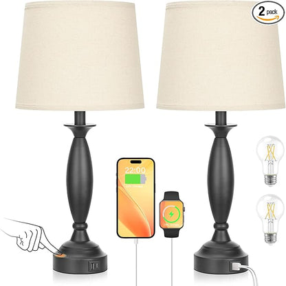 Seealle Beige Lamps for Bedrooms Set of 2 - Touch Control Bedside Lamp with USB C+A, 3 Way Dimmable Nightstand Lamps with USB Port, Table Lamp for Living Room(Beige Shade and Black Base)