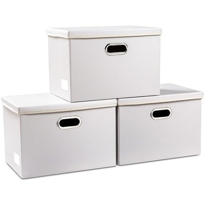 PRANDOM Large Stackable Storage Bins with Lids [3-Pack] Leather Fabric Foldable Storage Boxes Organizer Containers Baskets Cube with Cover for Bedroom Closet Office Nursery White (17.7x11.8x11.8)