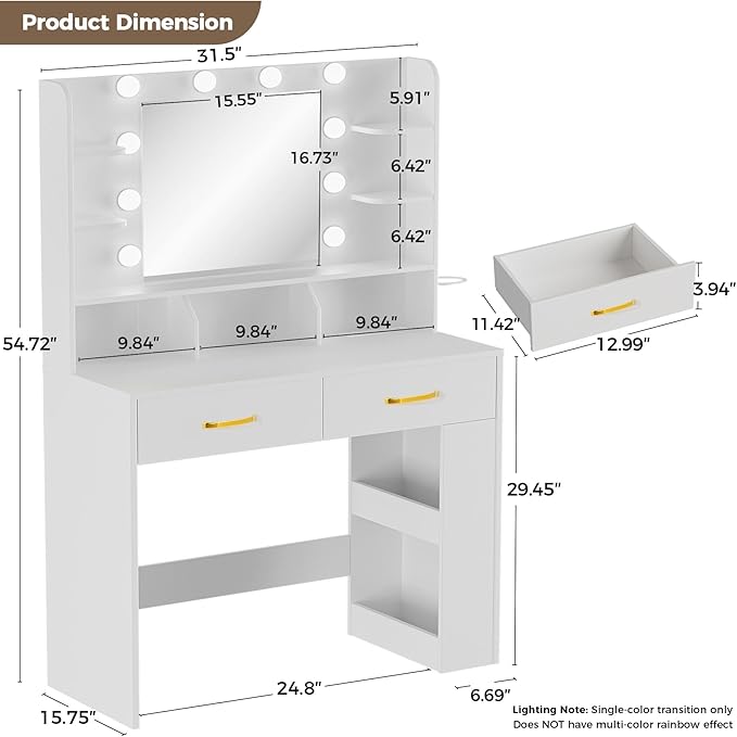 COMHOMA Vanity Desk with Lighted Mirror and Power Outlet, RGB LED Lights Makeup Vanity Set for Girls, Large Storage Capacity Dressing Table for Bedroom, 3 Lighting Modes Adjustable Brightness, White