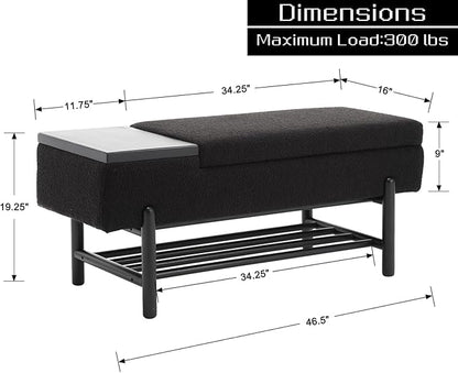Modern Entryway Storage Bench, Upholstered Shoe Ottoman Bench, Sherpa Flip-Top End of Bed Bench with Wood Shelf/Coffee Table for Living Room/Bedroom/Hallway/Under Window,46.5 Inches,Black Fur