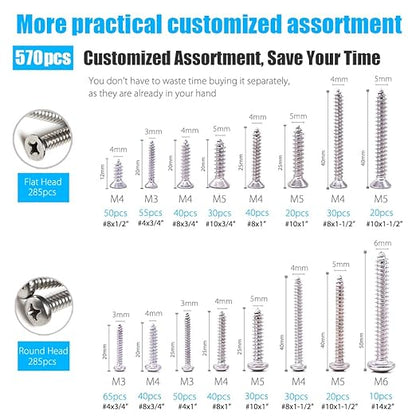CASAON 570Pcs Self Tapping Screws Assortment Set, M3/M4/M5/M6 304 Stainless Steel Sheet Metal Screws Kit, Phillips Drive Wood Screw Assortment 570pcs (285pcs Round Head and 285pcs Flat Head)