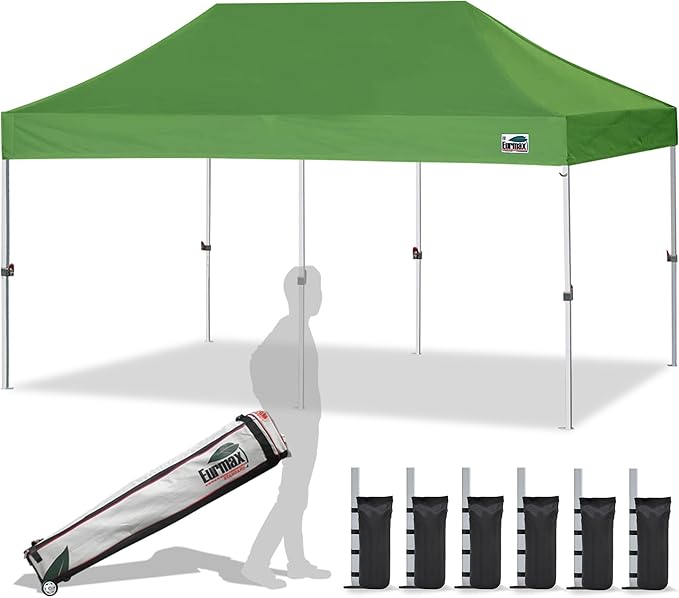 Eurmax USA 10'x20' Pop Up Canopy Tent Commercial Instant Canopies with Heavy Duty Roller Bag,Bonus 6 Sand Weights Bags (Field Green)