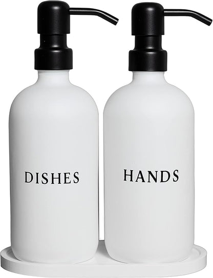 Glass Hand and Dish Soap Dispenser Set with Bamboo Tray – 16 oz Kitchen Soap Dispenser Set, Black Pumps, Silicone Funnel – Modern Farmhouse Kitchen Sink Decor and Accessories