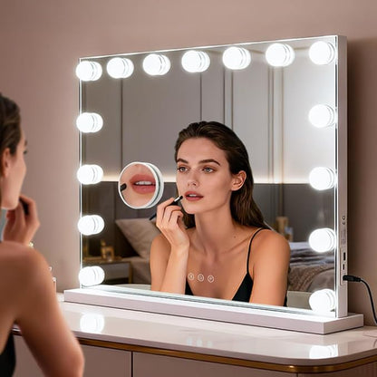 M MIVONDA Hollywood Vanity Mirror with Dimmable 15LED Bulbs Lights 3 Lighting Modes 2in1 Large Lighted Makeup Mirror for Desk and Wall with Plug-in and USB Charger Port