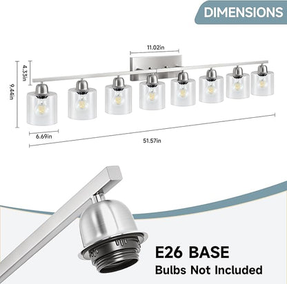 Modern Brushed Nickel 8 Light Bathroom Light Fixtures,52 inch Vanity Lights with Clear Glass, Bathroom Light Fixture for Mirror Kitchen Living Room Hallway Cabinet Porch
