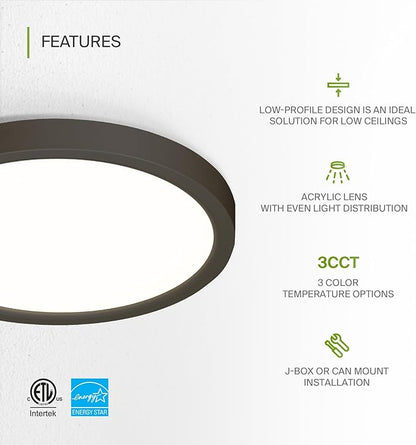 ASD LED 7" Round Flush Mount Light | 15W 1220LM 3000-5000K 120V | 3CCT, Dimmable, Ultra Slim, ETL Listed | Thin Surface Lamp, Bedroom Ceiling Lighting | Bronze, 6 Pack