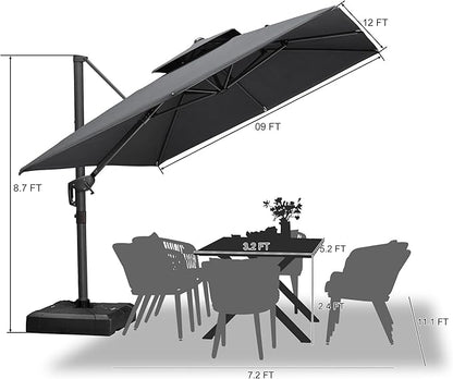 PURPLE LEAF 9' X 12' Double Top Cantilever Patio Umbrella Deluxe Large Outdoor Umbrella Rectangle Offset Umbrella with Fade Resistance for Garden Deck Pool Patio, Mist Grey