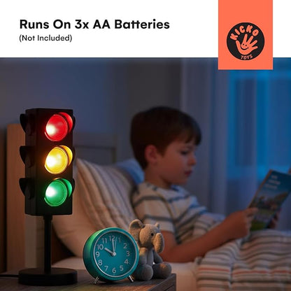 Kicko 11-Inch Traffic Lights Lamp with Base - 4-Mode Color Changing Stop Light Lamp for Kids’ Bedroom, Party Decoration or Playroom - Battery or USB Powered Mini Lighting - Ideal Traffic Light Decor
