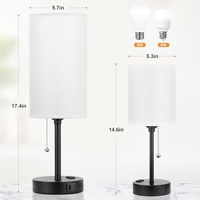 Dicoool 17Inch Tall Bedroom Lamps with USB C and A Ports 3 Color Temperatures - Pull Chain White Nightstand Bedside Table Lamp with AC Outlet, Side Lamp for Living Room End Table