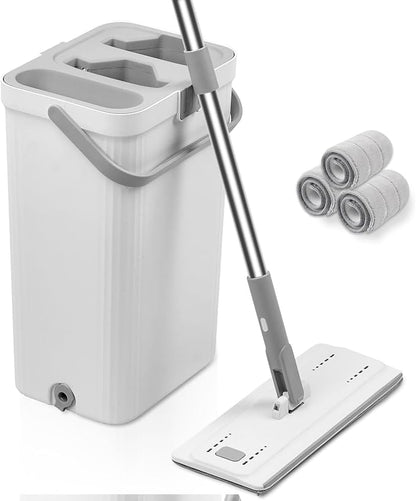 Flat Mop and Bucket with Wringer Set, Hands-Free Floor Mop and Bucket with 3 Reusable Washable Microfiber Pads and 66" Stainless Steel Handle, Wet and Dry Use for Home Floor Cleaning