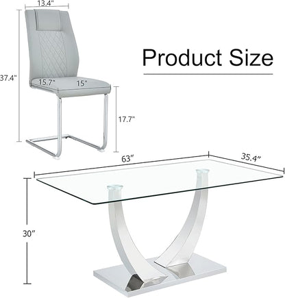 AZmac 63” Glass Dining Room Table Set for 6, Modern Kitchen Table and Chairs Set of 6, Dining Sets with Rectangular Tempered Glass and Sturdy Silver Chrome Base, for Kitchen Home