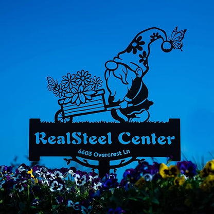 RealSteel Garden Gnome Monogram Yard Sign - Customizable Metal Sign with Gnome & Wheelbarrow Design - Personalized Name & Text (Penny Vein, 23" x 35")
