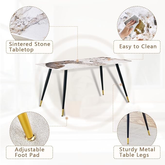 Modern Dining Table Set for 4, 62'' Sintered Stone Dining Table with 4 Chairs, Easy to Assemble