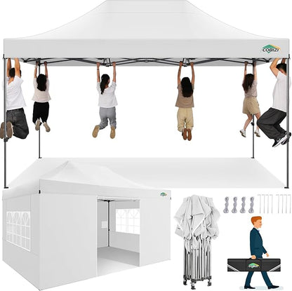 COBIZI 10x15 Heavy Duty Pop up Canopy Tent with 4 sidewalls Commercial Outdoor Canopy Wedding Party Tents for Wedding All Season Wind & Waterproof Gazebo with Carry Bag, White(Frame Thickened)