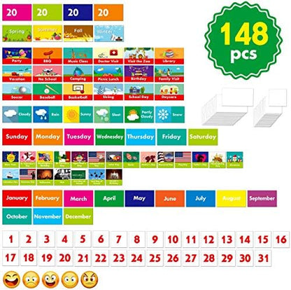 Black Calendar and Weather Pocket Chart with 148 Cards,(108 Illustrated Activity Cards, 40 Dry Erasable Flash Cards and 3 Hooks 28"x35.5")