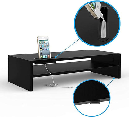 BONTEC Wood Monitor Stand Riser, 2-Tier Desktop Organizer with Storage, Ergonomic Computer Stand for Desk, Cable Management, Cellphone Holder, 21.3 Inch Shelf, Black