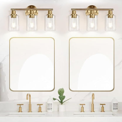 3-Light Bathroom Light Fixtures, Brushed Brass Bathroom Wall Lights with Clear Glass Shade, Modern Bathroom Wall Lamp for Mirror Kitchen Living Room Hallway Cabinet