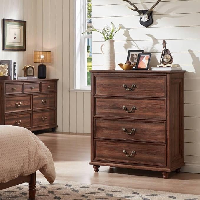 Farmhouse 4 Drawer Dresser for Bedroom, 37" Tall Rustic Chests of Drawers w/ 4 Solid Wood Feet, Mid Century Modern Wooden Closet Storage Dressers Organizer for Living Room, Hallway, Brown