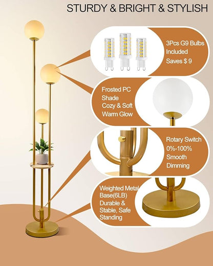 Lightdot LED Floor Lamp Dimmable Gold Globe Floor Lamps with Shelf& Bulb Included Mid Century Modern Standing Lamp for Bedroom Living Room/Sofa Beside/Corner Decor -Candle Holder Style Soft Eye-Caring