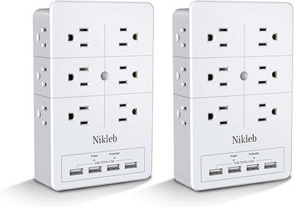Surge Protector Nikleb 2-Pack, Multi Outlet Plug with 4 USB, Wall Charger Box Multiports Total 4.8A, Electrical Outlet Splitter, Plugs for Outlets Wall Mount, USB Power Adapter Low Profile