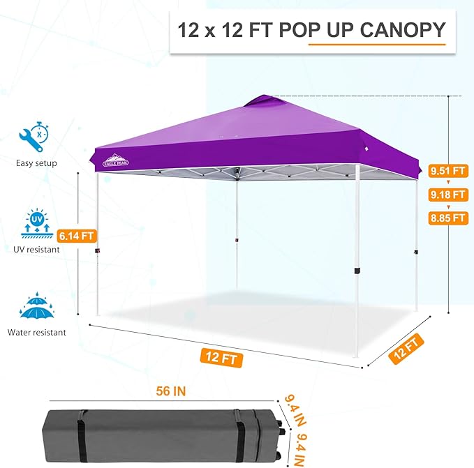 EAGLE PEAK Pop Up Canopy Tent with Wheeled Carry Bag, 8 Stakes, 4 Ropes, 4 Weight Bags, Easy Set Up Tent Canopy, 12x12 ft, 144sqft of Shade, Purple