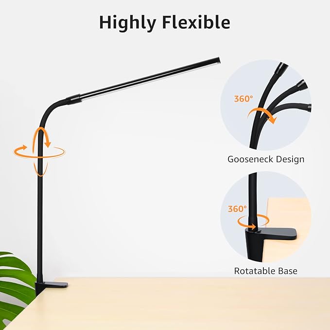 Lepro Clip on Desk Lamp LED Reading light Dimmable USB Small Clamp Lamp with 3 Color Modes 10 Brightness, Adjustable Flexible Gooseneck Table Light for Bed Headboard, Nail, Home Office,Computer(Black)