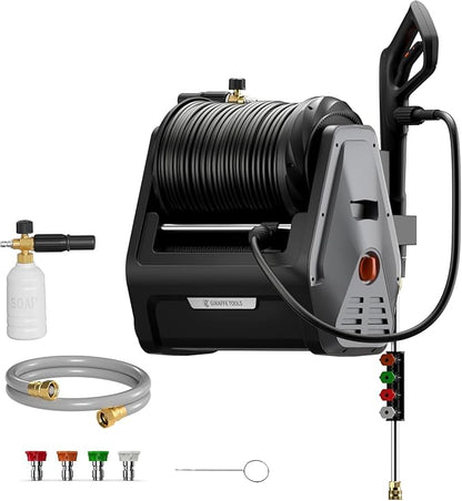 Giraffe Tools Grandfalls Pressure Washer G30B, Max 2900 PSI, 2.2 GPM, Electric Wall Mounted Pressure Washer with 100ft Black Pressure Hoses, Foam Cannon, 4-Nozzles for Car/Driveways, Dark Silver