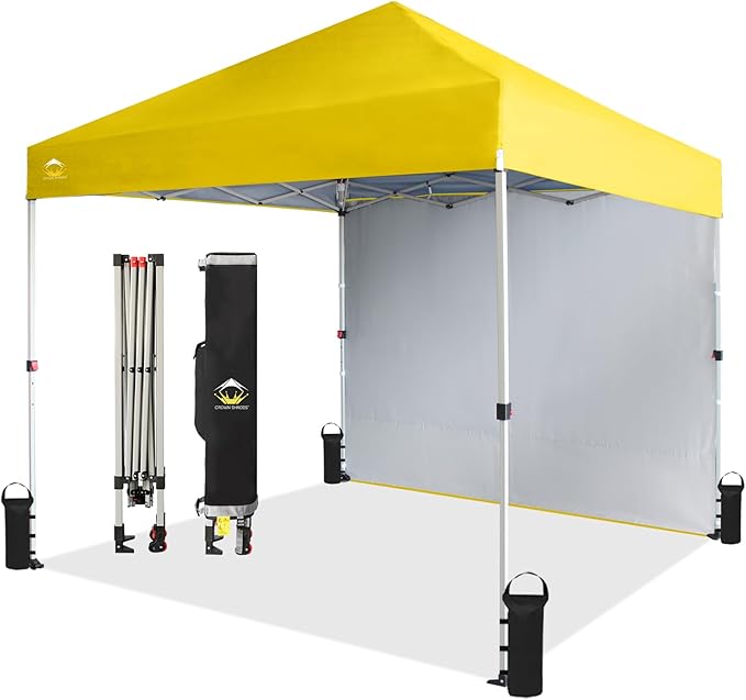 CROWN SHADES 8x8 Pop Up Canopy with 1 Side Wall - Beach Tent with One Push Setup - Outdoor Sun Shade for Events, Parties, Camping - Gazebo with STO-N-Go Cover Bag (Yellow)