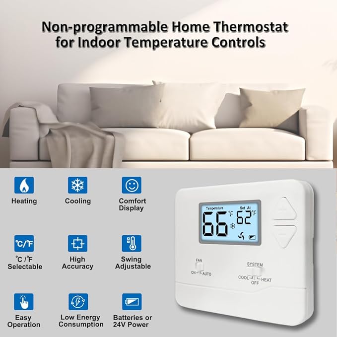 NonProgrammable Thermostat for Home, Digital Energy-Saving Thermostat,Single-Stage Systems, 1 Heat/1 Cool, Easy DIY Install, White Backlight