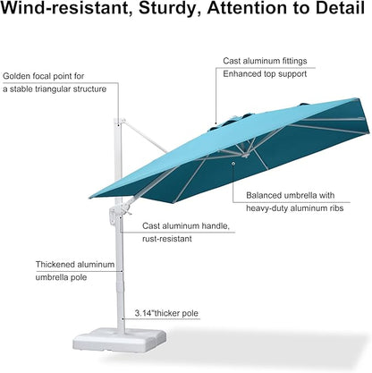 PURPLE LEAF 9 FT Patio Umbrella White Cantilever Umbrella Aluminum Square Outdoor Offset Umbrella Hanging Windproof with 360° Rotation for Garden Deck Pool, Turquoise
