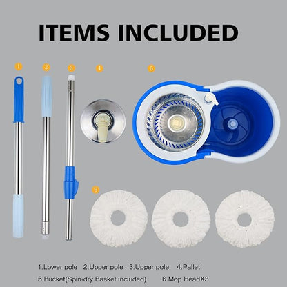Spin Mop and Bucket with Wringer Set, 360° Spinning Mop Bucket System with 3 Microfiber Mop Replacement Heads and 61" Stainless Steel Adjustable Handle for Floor Cleaning (20QT)