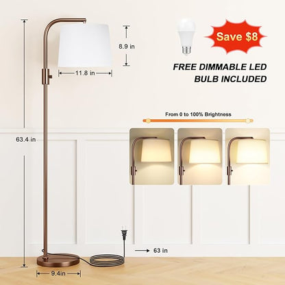 Ambimall 𝐅𝐮𝐥𝐥𝐲 𝐃𝐢𝐦𝐦𝐚𝐛𝐥𝐞 Floor Lamp - Floor Lamps with 9W 𝐋𝐄𝐃 Bulb, Standing Lamps for Living Room with Adjust Head, Modern Standing Tall Light Rotary Switch for Office(Brown and White)