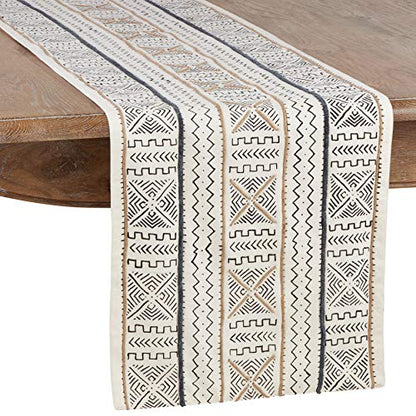 White African Mud Cloth Inspired Table Runner, 16" X 90" Rectangular (1 piece), 100% Cotton - size: 16" x 90" Runner