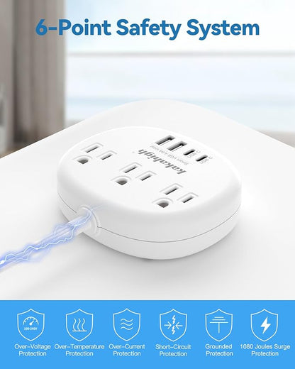 Flat Extension Cord with Outlet Cover & Cable Clips- 5 FT, 1625W Child Proof Extension Cord with 3 AC Outlet 4 USB (24W/4.8A), Flat 90 Degree Power Strip for Behind Furniture Couch Sofa TV, etc