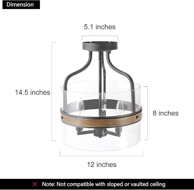 LALUZ Faux Wood Ring Ceiling Light Fixture, Modern Semi Flush Mount Ceiling Light, Farmhouse Drum Chandelier, 3 Lights, for Bathroom, Bedroom, Kitchen, Living Room, Dining Room