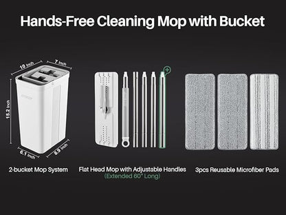 JOYMOOP Mop and Bucket with Wringer Set, White Flat Squeeze Bucket Set for Floor Cleaning, Wet Dry Wall Cleaner with Long Handle, Hardwood Floor Mop-3 Microfiber Cloths
