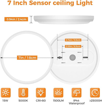 slochi 2 Pack Motion Sensor Light Indoor Wired, 5000K Closet Lights Motion Sensored, 15W 1500LM 7 Inch LED Ceiling Light Fixture for Doorway Hallway Stairwell Porch, White