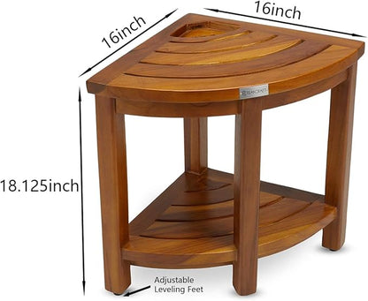 TeakCraft Teak Corner Bench with Shelf and Basket, Fully Assembled, 16 Inch, The Loki