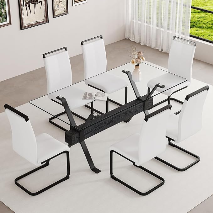 Glass Dining Table 71"｜Modern Dining Table for 6｜0.4" Thick Tempered Glass Top｜Matte Black Metal Legs｜Black Crossbar｜Easy Assembly｜Perfect for Dining Room or Kitchen