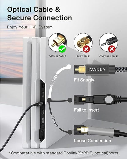 IVANKY Optical Audio Cable 3.3ft/1M, Nylon Braided, 24K Gold-Plated, Slim Metal Case, CL3 Rated, S/PDIF Digital Audio Fiber Optic Cable for Home Theater, Sound Bar, TV, PS4, Xbox, Samsung, Vizio