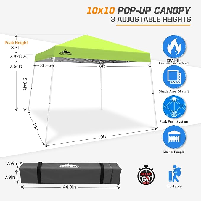EAGLE PEAK 10x10 Slant Leg Pop-up Canopy Tent Easy One Person Setup Instant Outdoor Beach Canopy Folding Portable Sports Shelter 10x10 Base 8x8 Top (Fluorescent Green)