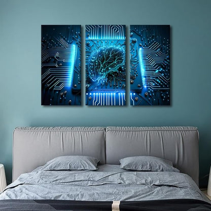 TUMOVO Artificial Intelligence Decor AI Pictures Print 3 Panel Computer Processor Canvas Wall Art Technology Artwork Modern Wall Decoration for Living Room Ready to Hang, 36" Wx24 H