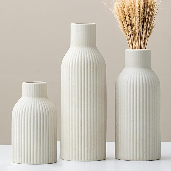 Modern Ceramic Vases Set of 3, Beige Ribbed Decorative Vases, Table Centerpiece for Home Decor (Beige)